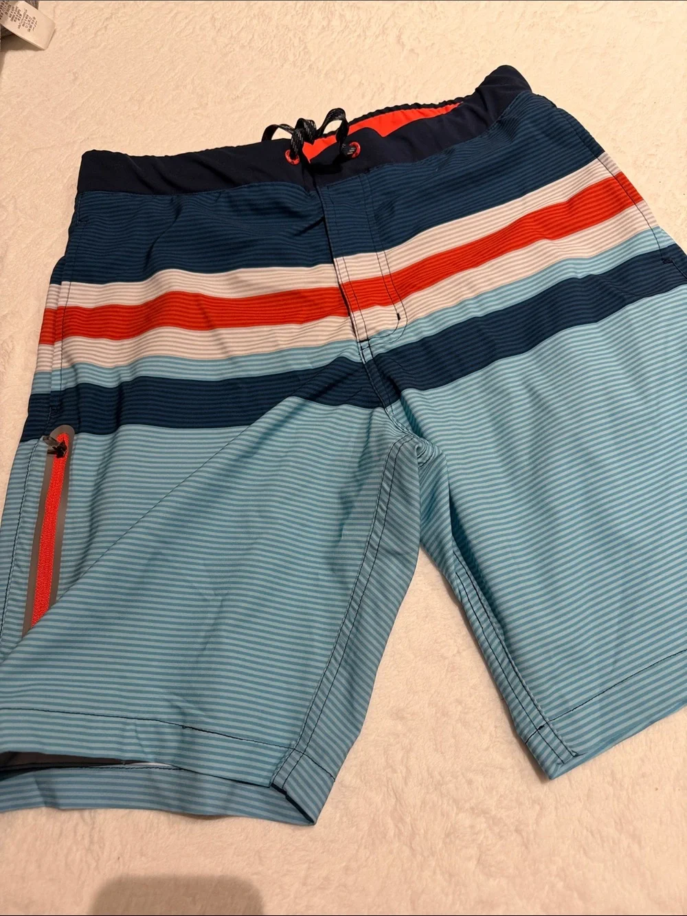 ZeroXposur Blue Striped Swim Board Shorts with Red Accents